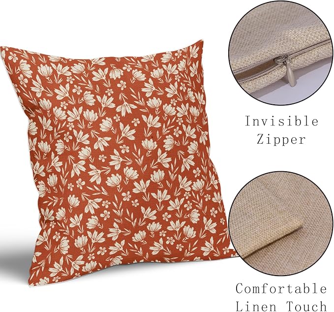 Burnt Orange Pillow Covers 16x16 Set of 2 Vintage Floral Rustic Old Style Cute Flower Print Decorative Outdoor Pillowcases Seasonal Farmhouse Throw Cushion Case Decor for Couch Sofa Bed