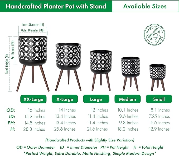 D'vine Dev 16 Inch Planter Pot with Stand, Mid-Century Tall Plant Pot with Legs for Indoor Plants, White/Black, 88-G-E-4