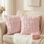 AVOIN colorlife Pink Spring Bow Throw Pillow Covers Set of 2, 20 x 20 Inch Coquette Aesthetic Room Decor Soft Plush Faux Fur Cushion Case for Girls Room