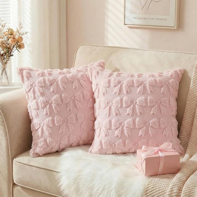 AVOIN colorlife Pink Spring Bow Throw Pillow Covers Set of 2, 18 x 18 Inch Coquette Aesthetic Room Decor Soft Plush Faux Fur Cushion Case for Girls Room