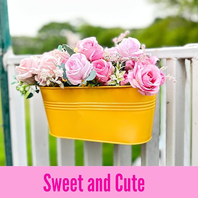 LaLaGreen Outdoor Hanging Planter (11.2 Inch, 6 Pack) Light Blue, Green, Neon Pink, Yellow, Orange, Peachy Pink Metal Iron Window Box Flower Pot Deck Railings Fence Rail Bucket Porch Home Garden Decor