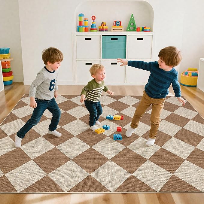 GarveeHome Checkered Easy Jute 5x7 Area Rugs for Living Room Machine Washable Non-Slip Backing Stain Resistant Modern Indoor Outdoor Rugs for Farmhouse Dining Room Patio Brown