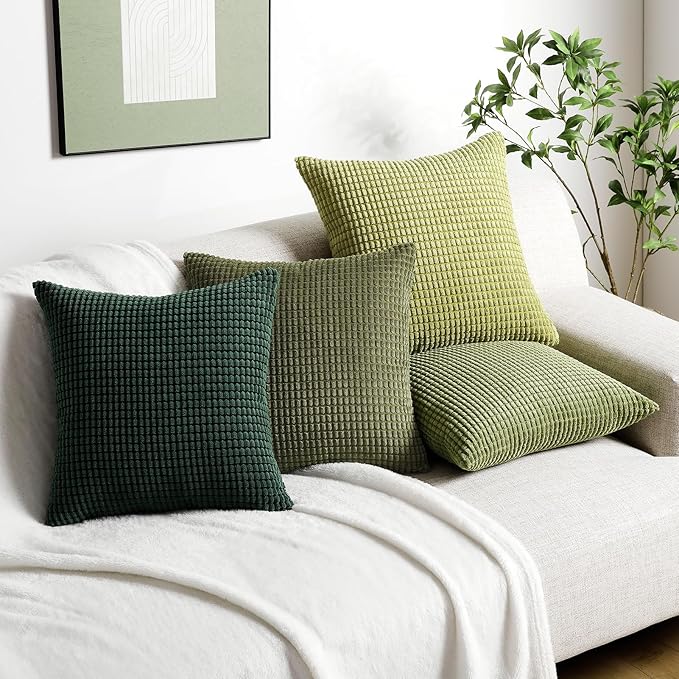 Softalker Throw Pillow Covers 18x18 Inch, Set of 4, Soft Corduroy Boho Stripe Decorative Pillow Cover, Couch Fluffy Pillow Cover for Farmhouse Home Decor Bed Living Room, Green