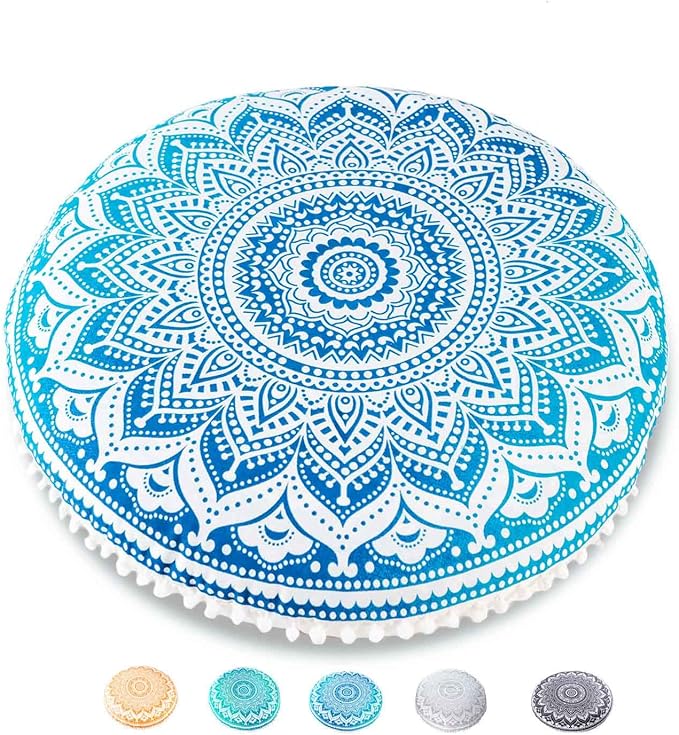 Mandala Life ART Yoga Decor Floor Cushion Cover - Round Meditation Pillow Case - Hand Printed Organic Cotton Pouf