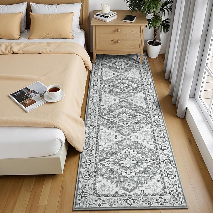 Lessymo Runner Rug for Hallway 2 x 8, Machine Washable Area Rugs Boho Faux Wool Low Pile Area Rug for Bedroom, Floral Medallion Vintage Rugs with Non-Slip Rubber, Grey Beige