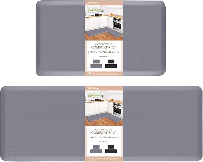 HappyTrends 2 PCS Kitchen Mat Cushioned Anti-Fatigue Floor Mat, Heavy Duty Ergonomic Comfort Foam Standing Mat, Waterproof Non-Slip Kitchen Rugs for Home, Office(17.3"x28"+17.3"x47",Grey)