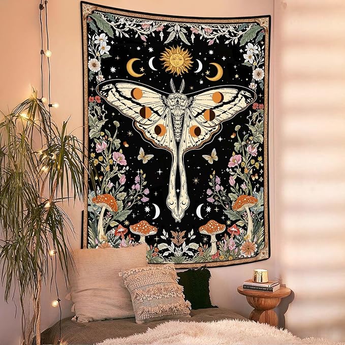 Aipon Boho Moth Tapestry Vintage Floral Flowers Tapestries Aesthetic Retro Mushroom Tapestries for Bedroom Sun and Moon Indie Large Tapestry Wall Hanging for Living Room Dorm 80 x 60 Inch