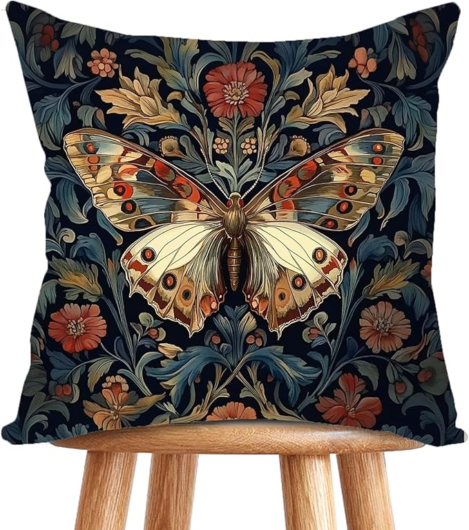 William Morris Abstract Vintage Floral Velvet Butterfly Design Throw Pillow Covers Home Decor, Retro Art Decor Pillowcase Cushion Cover for Bed Sofa Living Room, Square 18x18inch (Blue-Butterfly)