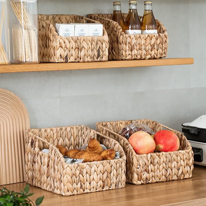 FairyHaus Wicker Baskets 2 Pack, Natural Large Wicker Baskets for Storage, Nesting Hand-woven Water Hyacinth Wicker Baskets for Organizing with Built-in Handles, 9"L x 11"W x 7"H