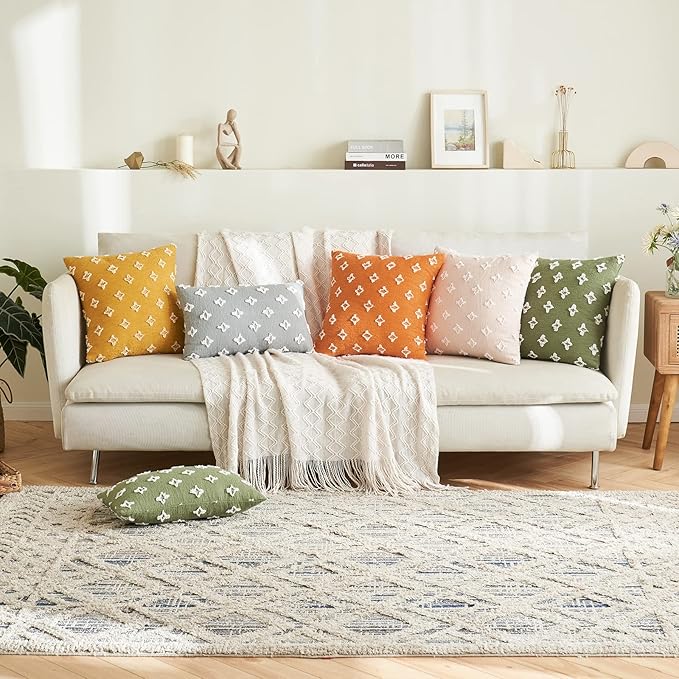 ANRODUO Pack of 2 Sage Green Floral Boho Decorative Throw Pillow Covers with Tufted Rhombic Jacquard for Room Decor Pillow Covers 12x20 Cute and Soft Pillowcase for Couch Sofa and Living Room Fall