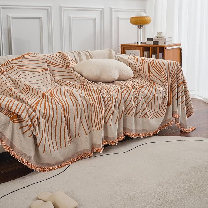 VClife Couch Cover Soft Chenille Sofa Cover Modern Minimalist Creamy Beige Couch Cover with Abstract Terracotta Line - Washable Non Slip Sofa Slipcover Reverse 2-Seaters Sofa Protector