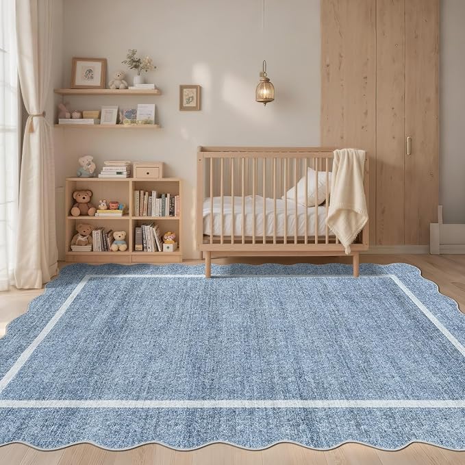 GarveeHome Scalloped 3x5 Washable Rug for Entryway, Super Soft Entryway Rug Non-Slip, Printed Faux Wool Floral 3x5 Area Rug Thin Floor Carpet for Kitchen, Bedroom, Office, Living Room, Blue