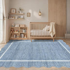 GarveeHome Scalloped 3x5 Washable Rug for Entryway, Super Soft Entryway Rug Non-Slip, Printed Faux Wool Floral 3x5 Area Rug Thin Floor Carpet for Kitchen, Bedroom, Office, Living Room, Blue