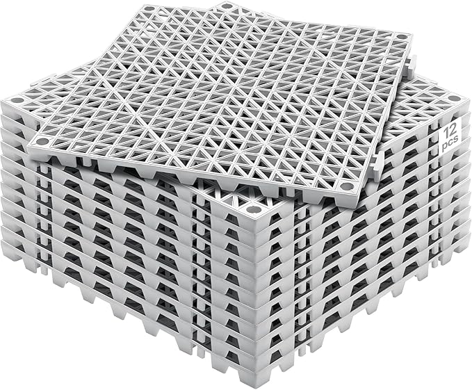 VEVOR Modular Interlocking Cushion, 12 Pack 12" x 12" Splicing Drainage Mats, Soft PVC Interlocking Drainage Floor Tiles, Non-Slip Drainage Holes for Restroom, Bathroom, Kitchen, Pool, Wet Areas, Gray