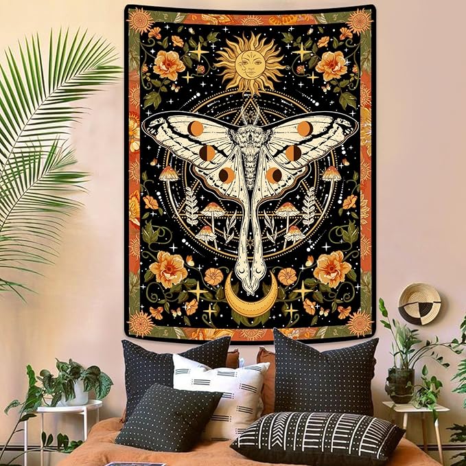 Aipon Orange Moth Tapestry Boho Retro Floral Flowers Tapestries Aesthetic Vintage Mushroom Tapestries Bedroom Indie Vertical Tapestry Wall Hanging for Living Room Dorm (60.00'' × 80.00'', Orange)