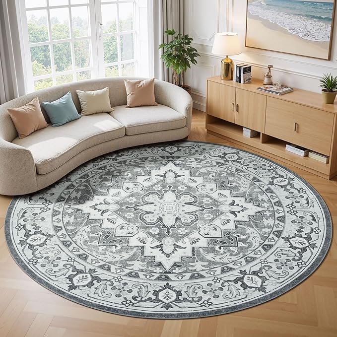 Lessymo 6FT Washable Round Area Rugs for Living Room, Non Slip Circle Rugs Low Pile Vintage Carpet for Bedroom, Dining Room, Nursery, Home Office, Grey Beige