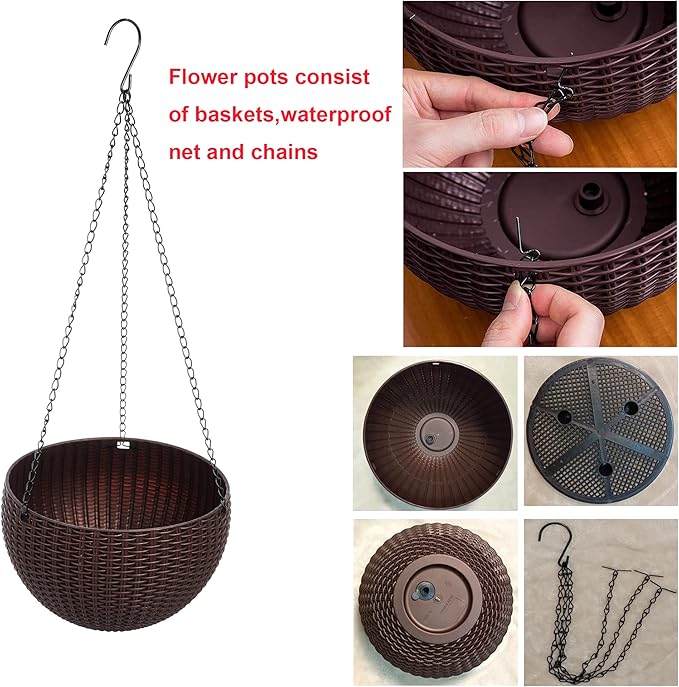 Hanging Basket Plastic Flower Pot Round Resin Garden Hanging Planter for Indoor Outdoor Plants 2 Pack Brown