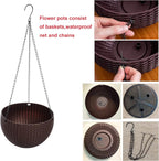 Hanging Basket Plastic Flower Pot Round Resin Garden Hanging Planter for Indoor Outdoor Plants 2 Pack Brown