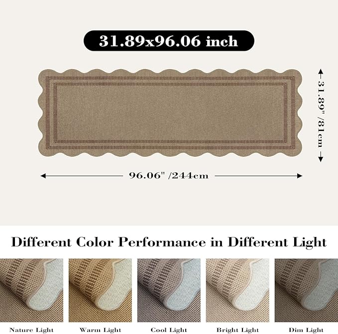Scalloped Easy Jute Hallway Runner Rug, 2.6x8 Kitchen Non Slip Runner Washable Outdoor Indoor Long Rug, Farmhouse Morden Carpet for Porch Bedroom Laundry
