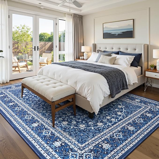 Lofus 9x12 Area Rugs for Living Room, Machine Washable Non-Slip Area Rug, Low Pile Large Rugs for Bedroom, Kitchen, Dining Room, Home Office, Vintage Oriental Print Rug, Dark Blue with White