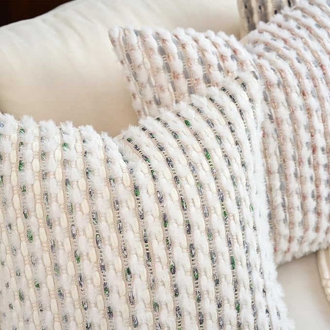 Aeckself Handmade Boho Chenille Tufted Pillow Cover 18x18 Inch, Decorative Square Throw Pillow Cover Neutral Pillowcase for Couch Bedroom Living Room, Green White