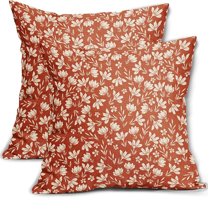 Burnt Orange Pillow Covers 24x24 Set of 2 Vintage Floral Rustic Old Style Cute Flower Print Decorative Outdoor Pillowcases Seasonal Farmhouse Throw Cushion Case Decor for Couch Sofa Bed