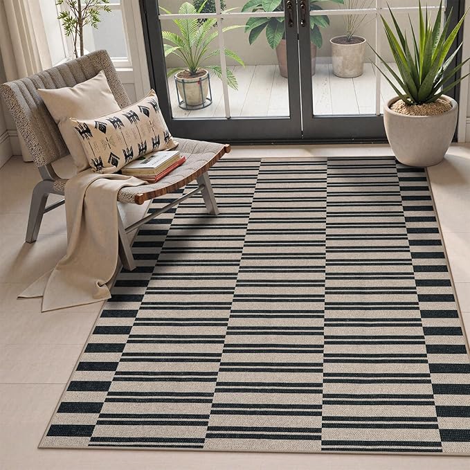 Lahome Elance Striped Easy Jute Rug, 3x5 Outdoor Patio Porch Rug Washable Rugs for Entryway, Indoor Outdoor Living Room Carpets, Farmhouse Neutral Non Slip Black Carpet for Backyard Bedroom RV