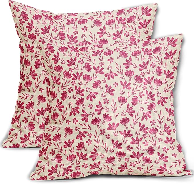 Hot Pink Floral Pillow Covers 16x16 Set of 2 Vintage Rustic Old Style Cute Small Flower Pink Cream Print Decorative Outdoor Pillowcases Farmhouse Throw Cushion Case Decor for Couch Sofa Bed