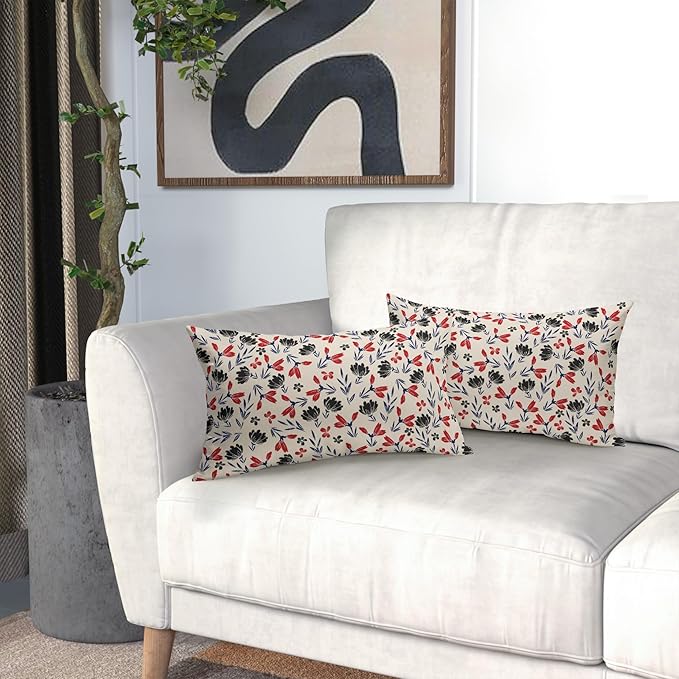 4th of July Floral Pillow Covers 12x20 Set of 2 Rustic Old Style Navy Blue Red Black Flower Print Rectangle Decorative Outdoor Pillowcases Patriotic Throw Cushion Case Decor for Couch Sofa Bed