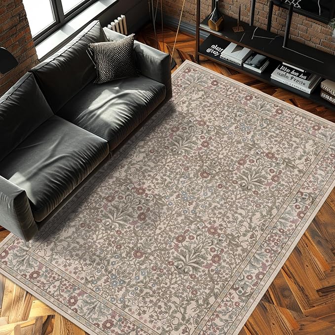 Vintage Moss Living Room Rug, 5x7 Washable Area Rugs for Dining Room Under Table, Soft Low Pile Large Carpet Bedroom, Non-Slip Boho Floral (5 x 7 Moss)