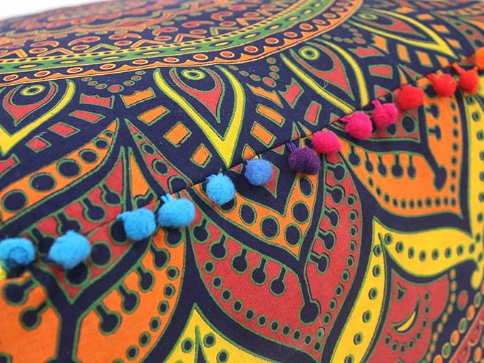 CRAFT KALA Square Mandala Floor Pillow Cushion Cover Seating Throw Cover Hippie Decorative Bohemian Ottoman Poufs Cover Pom Pillow Cases Cotton Living Room Home Décor 16X16X14 inches, New Blue Ombre