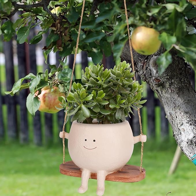 Cute Smiley Face Hanging Planter Pot - Adorable Indoor/Outdoor Flower Plant Holder with Drainage Hole - Perfect for Home, Garden, Office Decor