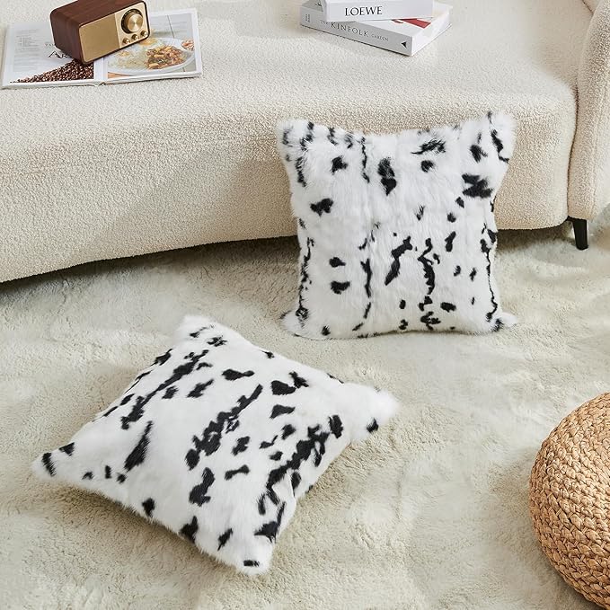 MOOX Rabbit Fur Throw Pillow Covers Decorative Fluffy Soft Fuzzy Plush Luxury Genuine Animal Skin Lumbar Pillow 18"x18" Cushion Cover, Cow Print