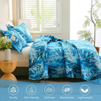 JSD Teal Blue Tropical Leaves Quilt Set Twin Size, 2 Piece Printed Bedspreads Coverlet with Pillow Sham, Lightweight Quilted Blanket