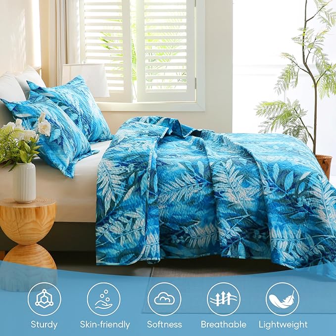 JSD Teal Blue Tropical Leaves Quilt Set Full/Queen, 3 Piece Printed Bedspreads Coverlet with Pillow Sham, Lightweight Quilted Blanket