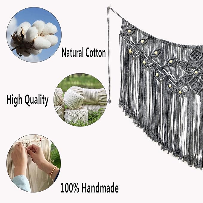 Youngeast Macrame Wall Hanging Large Macrame Curtains Leaf Shape Beads Wall Decor Boho Tassel Wall Art Woven Tapestry Headboard Backdrop Gray
