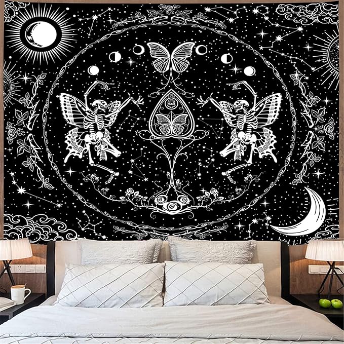 KJHL Skull Tapestry Black and White Skeleton Lovers Tapestries Aesthetic Large Gothic Butterfly Wall Hanging for Bedroom Living Room 59ʺ x 79ʺ