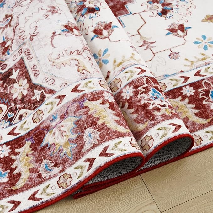 Amearea Vintage Design Area Rugs for Living Room, 5x8 Machine Washable Floral Collection Traditional Bedroom Rug, Low Pile Cute Kids Room Print Carpet, No Slip Office Kitchen Home Decor, Red