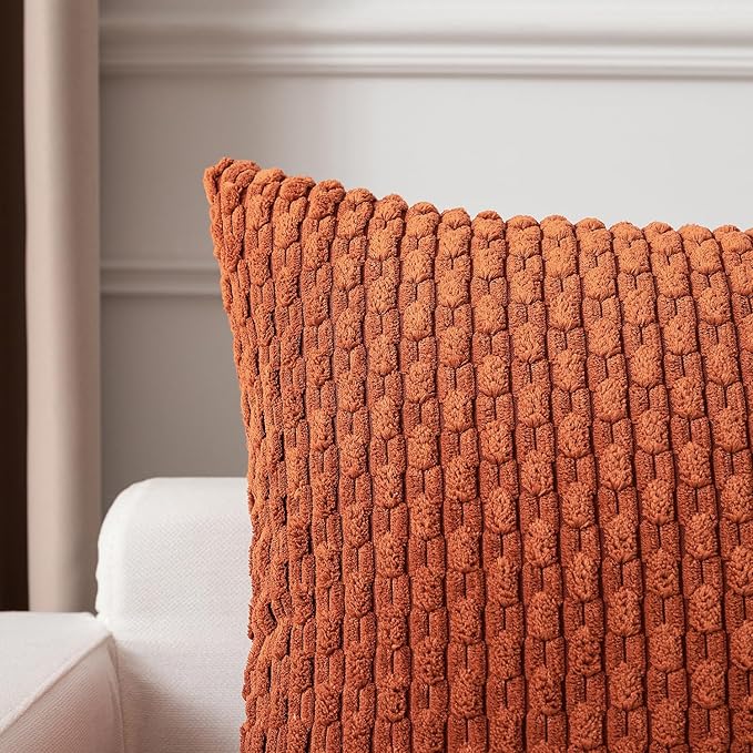 Kevin Textile Fall 12x24 Inch Pillow Cover 1 Pack Boho Decorative Soft Striped Corduroy Lumbar Farmhouse Solid Color Accent Rectangle Cushion Case for Living Room Couch Sofa Bed, Rust