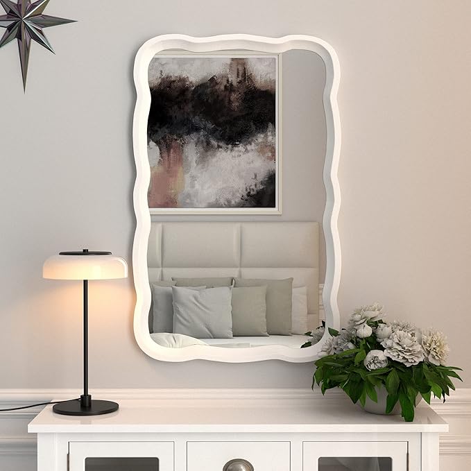 COZAYH Rustic Farmhouse Wall Mirror, 23.5” x 38” Rectangular Decorative Wall Mounted Mirror with Distressed Wood Frame & Curved Scallop Detail, White