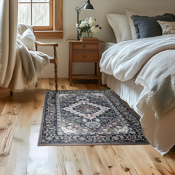 Lessymo 4 x 6 Area Rugs for Living Room- Machine Washable Area Rugs Boho Faux Wool Low Pile Area Rug for Bedroom Floral Medallion Vintage Rugs with Non-Slip Rubber, Black Brown