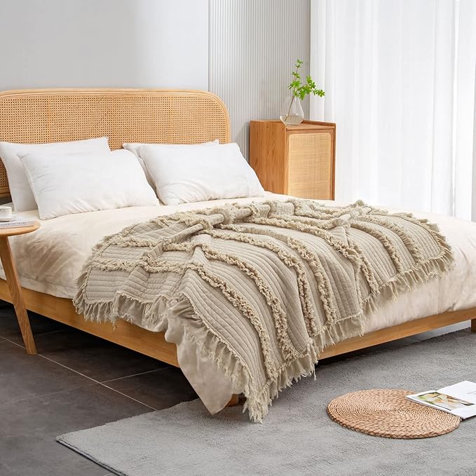 Ultra Soft Pre-Washed Quilted Boho Beige Twin Size Blankets for Bed, Ruffle Fringed Decorative Throw, Stone Washed Chic Rustic Blanket for Sofa Couch Bed, 60"*80"