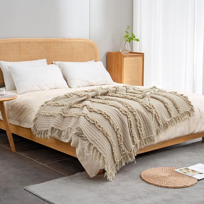 Ultra Soft Pre-Washed Quilted Boho Beige King Size Blankets for Bed, Ruffle Fringed Decorative Throw, Stone Washed Chic Rustic Blanket for Sofa Couch Bed, 104"*90"