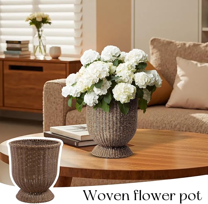 12 Inch Hand Woven Rattan Planter Pot with Stand - Large Decorative Basket for Indoor Plants, Flowers, and Storage - Boho Home Decor for Living Room, Patio, and Entryway (Brown)