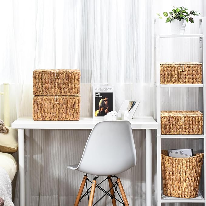 FairyHaus Wicker Storage Baskets with Lids, Set of 2, Natural Water Hyacinth, Rectangular, Large 13"x10"x7" & Small 11.2"x8.3"x5.7"