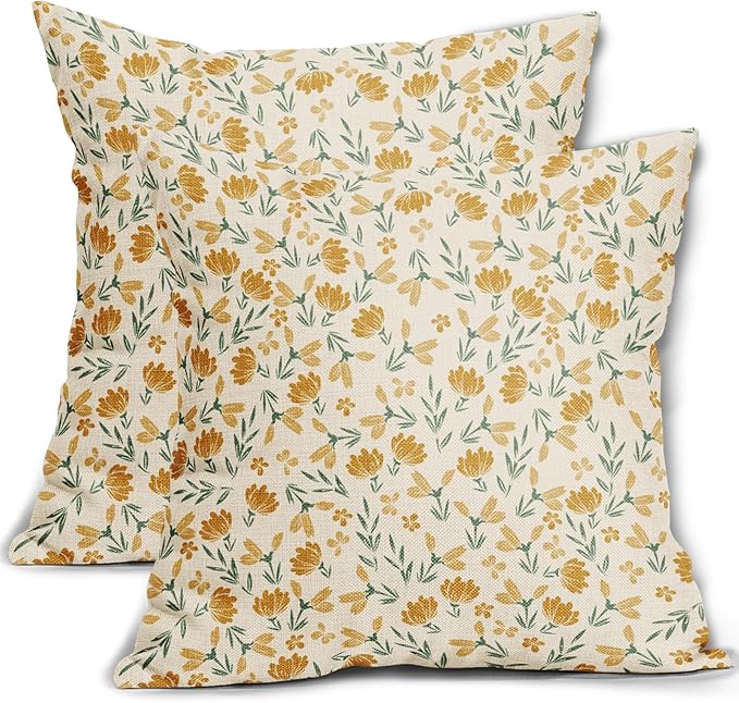 Green Yellow Floral Pillow Covers 20x20 Set of 2 Vintage Rustic Old Style Cute Small Flower Print Decorative Outdoor Pillowcases Farmhouse Throw Cushion Case Decor for Couch Sofa Bed