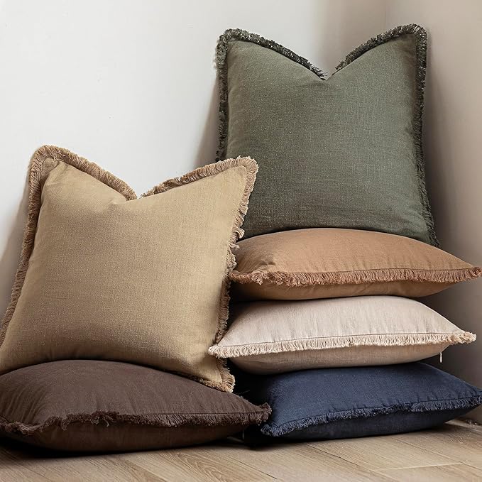 Foindtower Set of 2 Decorative Linen Fringe Throw Pillow Covers Boho Farmhouse Cushion Cover with Tassels Soft Accent Pillowcase for Couch Sofa Bed Living Room Home Decor,20×20 Inch,Reddish Brown