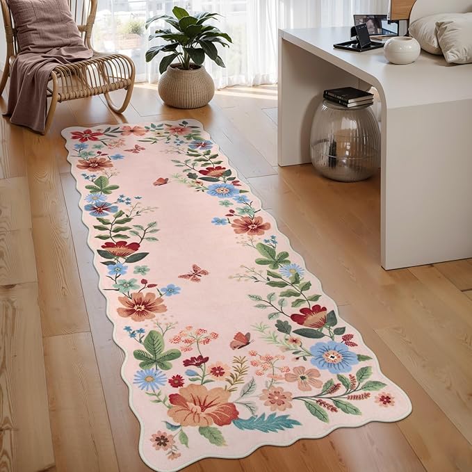 Lahome Floral Kitchen Runner, 2X6 Washable Runner Rug Non-Slip, Ultra-Thin Soft Hallway Rug Stain Resistant Boho Carpet for ‎Bedroom Laundry Bathroom Flore, Light Pink