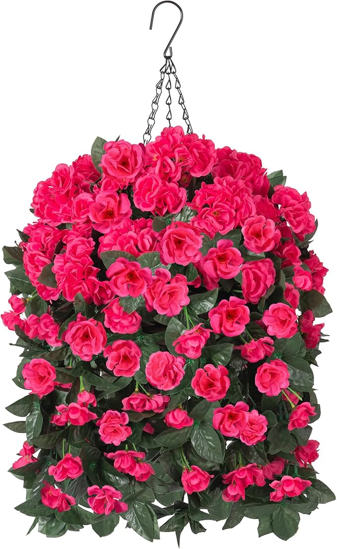Artificial Geraniums Faux Hanging Plants Flowers Basket for Outdoors, Fake Silk Geraniums Vines in Planter UV Resistant Look Real Spring Summer Outdoor Decorations for Outside Yard Patio, Hotpink
