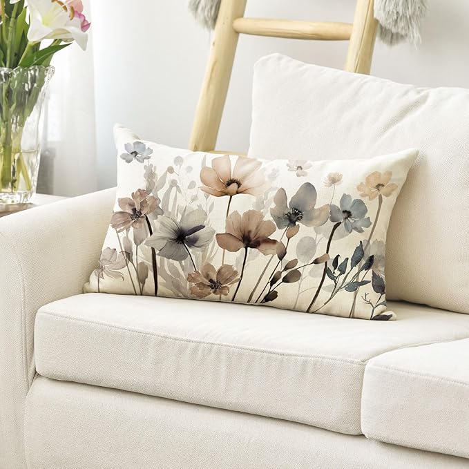 AVOIN colorlife Poppy Flowers Chinoiserie Spring Fall Throw Pillow Cover, 12 x 20 Inch Seasonal Leaves Cushion Case Decoration for Sofa Couch Farmhouse